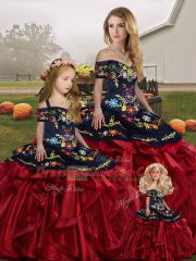 Popular Red And Black Lace Up Sweet 16 Dress Embroidery and Ruffles Sleeveless Floor Length