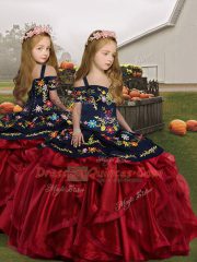 Popular Red And Black Lace Up Sweet 16 Dress Embroidery and Ruffles Sleeveless Floor Length