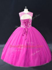 High End Sleeveless Floor Length Beading Lace Up Quinceanera Gown with Fuchsia