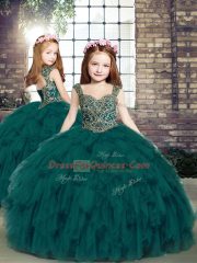 Sleeveless Tulle Floor Length Lace Up Little Girls Pageant Dress in Teal with Beading and Ruffles