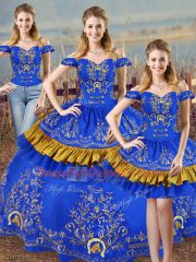High Quality Blue Ball Gowns Satin Off The Shoulder Sleeveless Embroidery Lace Up Vestidos de Quinceanera