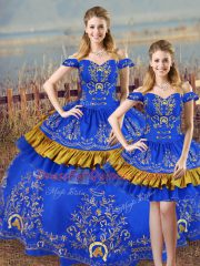 High Quality Blue Ball Gowns Satin Off The Shoulder Sleeveless Embroidery Lace Up Vestidos de Quinceanera