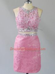 Modern Baby Pink Two Pieces Scoop Sleeveless Lace Mini Length Zipper Beading Prom Dress