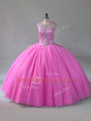 Rose Pink Scoop Neckline Beading Quinceanera Dresses Sleeveless Lace Up