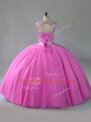 Rose Pink Scoop Neckline Beading Quinceanera Dresses Sleeveless Lace Up
