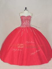 Beauteous Sweetheart Sleeveless 15th Birthday Dress Floor Length Beading Coral Red Tulle