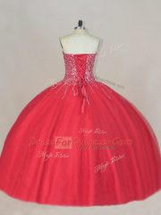 Beauteous Sweetheart Sleeveless 15th Birthday Dress Floor Length Beading Coral Red Tulle