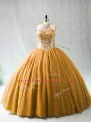 Beading Sweet 16 Dresses Gold Lace Up Sleeveless Brush Train