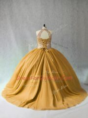 Beading Sweet 16 Dresses Gold Lace Up Sleeveless Brush Train