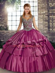 Beautiful Fuchsia Straps Neckline Beading and Ruffled Layers Ball Gown Prom Dress Sleeveless Lace Up