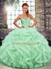 Sleeveless Tulle Floor Length Lace Up Sweet 16 Dress in Apple Green with Beading and Ruffles