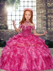 Luxurious Hot Pink Sleeveless Floor Length Beading and Ruffles Lace Up Pageant Gowns For Girls
