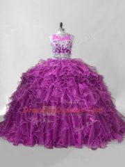 Fuchsia Sleeveless Organza Brush Train Zipper Quinceanera Gowns for Sweet 16 and Quinceanera