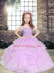 Superior Lavender Straps Lace Up Beading and Ruffles Girls Pageant Dresses Sleeveless
