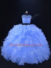 Stunning Blue Two Pieces Scoop Sleeveless Organza Floor Length Zipper Beading and Ruffles Sweet 16 Dresses