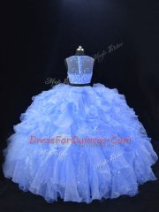 Stunning Blue Two Pieces Scoop Sleeveless Organza Floor Length Zipper Beading and Ruffles Sweet 16 Dresses