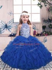 Tulle Sleeveless Floor Length Child Pageant Dress and Beading and Ruffles