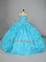 Flare Organza Sweetheart Sleeveless Lace Up Embroidery and Ruffles Sweet 16 Dress in Blue