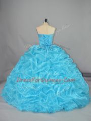 Flare Organza Sweetheart Sleeveless Lace Up Embroidery and Ruffles Sweet 16 Dress in Blue