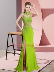 Attractive Lace and Appliques Prom Gown Green Backless Sleeveless Floor Length