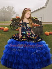 Royal Blue Sleeveless Floor Length Embroidery Lace Up Little Girls Pageant Dress