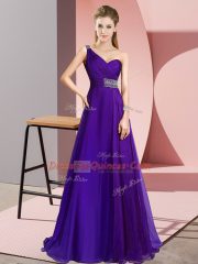 Designer Purple Empire Chiffon One Shoulder Sleeveless Beading Criss Cross Party Dress Brush Train