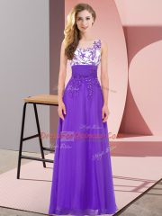 Attractive Scoop Sleeveless Dama Dress for Quinceanera Floor Length Appliques Purple Chiffon