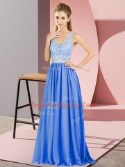Cute Blue Sleeveless Beading and Lace Floor Length Prom Evening Gown