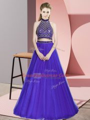 Floor Length Two Pieces Sleeveless Purple Prom Gown Backless