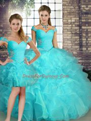 Floor Length Lace Up Sweet 16 Quinceanera Dress Aqua Blue for Military Ball and Sweet 16 and Quinceanera with Beading and Ruffles