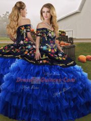 Flirting Sleeveless Organza Floor Length Lace Up Sweet 16 Quinceanera Dress in Blue And Black with Embroidery and Ruffled Layers