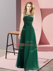 Superior Dark Green Empire Chiffon Scoop Sleeveless Beading and Appliques Floor Length Zipper Dama Dress for Quinceanera
