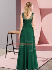 Superior Dark Green Empire Chiffon Scoop Sleeveless Beading and Appliques Floor Length Zipper Dama Dress for Quinceanera