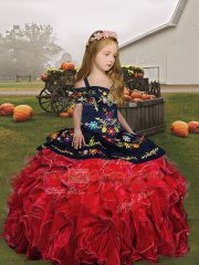 Sleeveless Organza Floor Length Lace Up Little Girl Pageant Gowns in Red with Embroidery and Ruffles