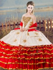 Admirable White And Red Sleeveless Beading and Ruffled Layers Floor Length Quinceanera Gown