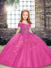 Charming Floor Length Hot Pink Pageant Dress for Girls Tulle Sleeveless Beading