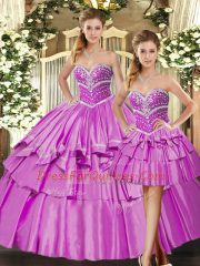 Pretty Beading and Ruffled Layers 15th Birthday Dress Lilac Lace Up Sleeveless Floor Length