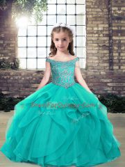 Wonderful Sleeveless Floor Length Beading Lace Up Little Girls Pageant Dress Wholesale with Teal