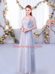 Decent Floor Length Grey Damas Dress Tulle Short Sleeves Lace and Belt