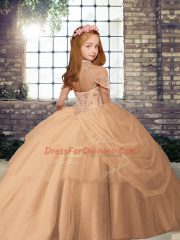 High Quality Blue and Peach Sleeveless Beading Floor Length Little Girl Pageant Gowns