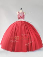 Customized Sleeveless Floor Length Beading Backless 15 Quinceanera Dress with Red