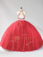 Customized Sleeveless Floor Length Beading Backless 15 Quinceanera Dress with Red