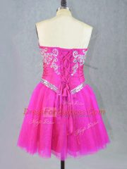 Fantastic Sweetheart Sleeveless Prom Dress Mini Length Beading Fuchsia Tulle