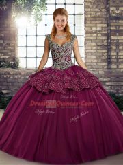 Fuchsia Quinceanera Gowns Military Ball and Sweet 16 and Quinceanera with Beading and Appliques Straps Sleeveless Lace Up