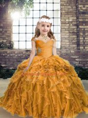 Popular Sleeveless Floor Length Beading and Ruffles Lace Up Pageant Dress for Womens with Gold