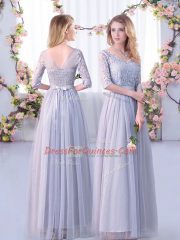 Low Price V-neck Half Sleeves Side Zipper Damas Dress Grey Tulle