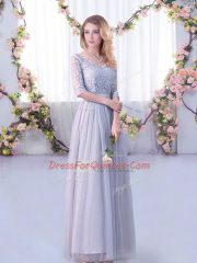 Low Price V-neck Half Sleeves Side Zipper Damas Dress Grey Tulle