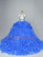 Blue Quince Ball Gowns Organza Court Train Sleeveless Beading and Ruffles