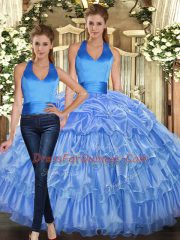 Baby Blue Vestidos de Quinceanera Sweet 16 and Quinceanera with Ruffles and Pick Ups Halter Top Sleeveless Lace Up