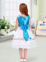 Designer Sleeveless Organza Knee Length Zipper Flower Girl Dresses for Less in White with Appliques and Bowknot